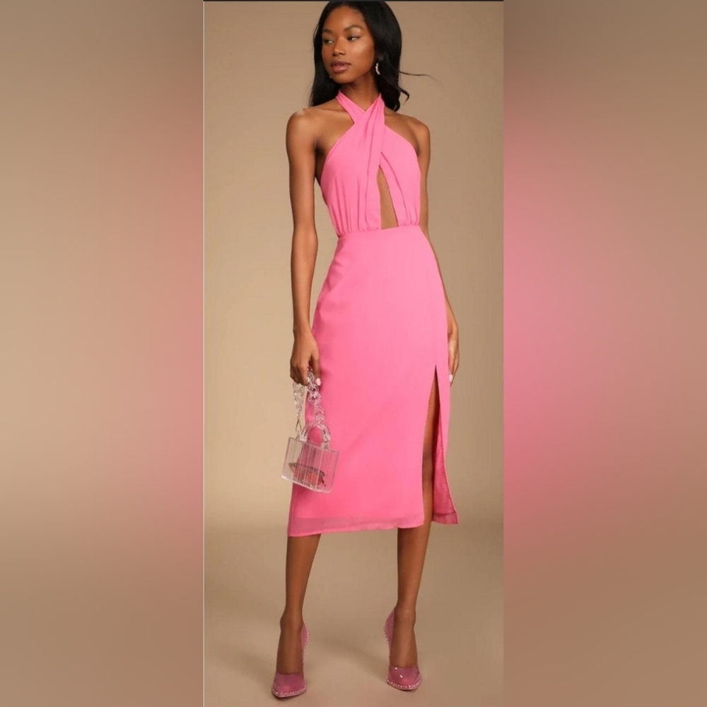 Lulus Women's L Pink Halter Twist Front Side Slit Dress New
